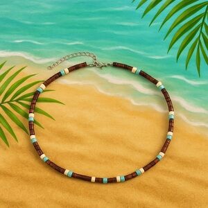 Wooden Bead Beach Summer Necklace Brown Blue and Cream with Puka Shells
